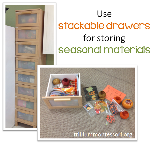 Stackable drawers for seasonal materials